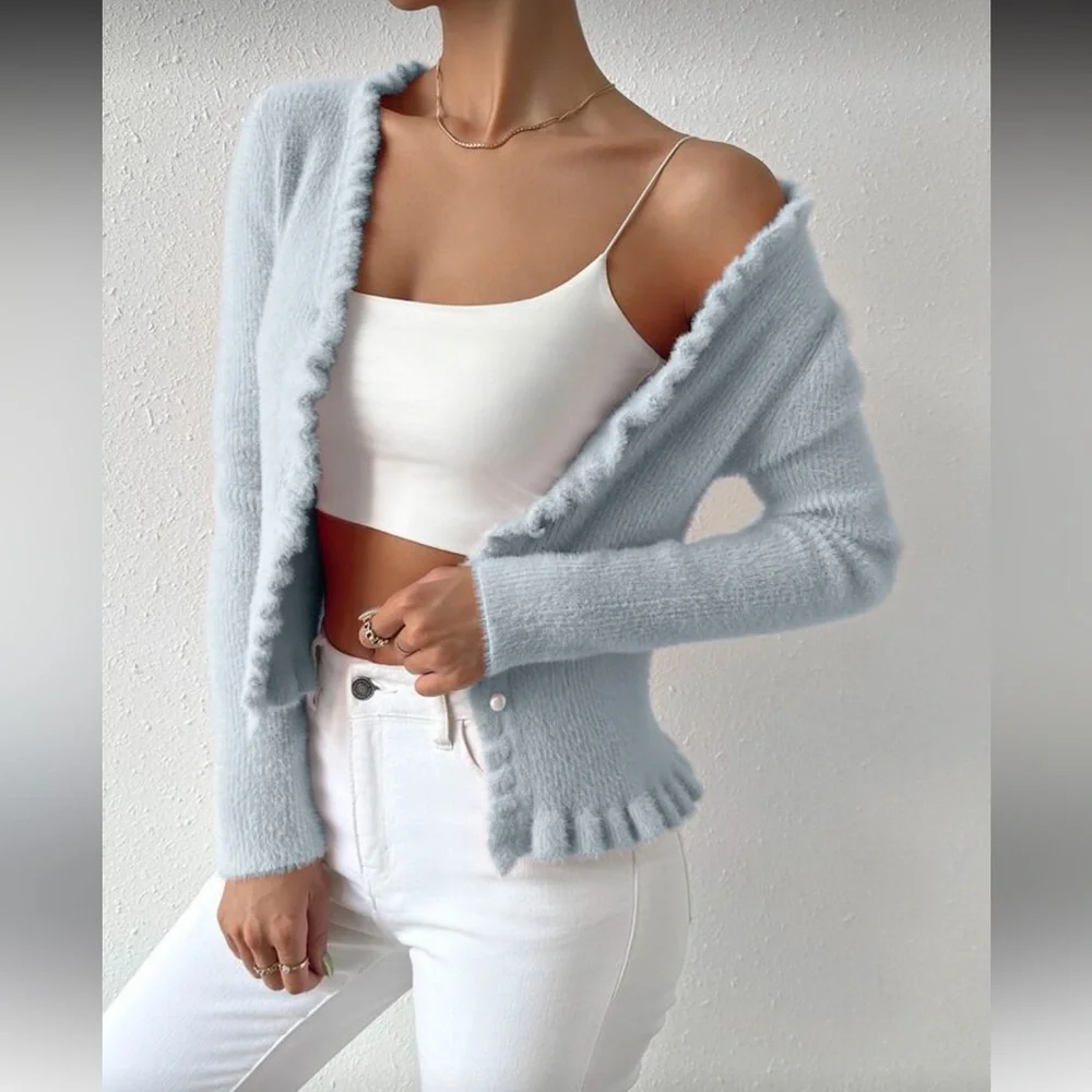 Soft Knit V-Neck Cardigan - Light Blue - Picture 5 of 7